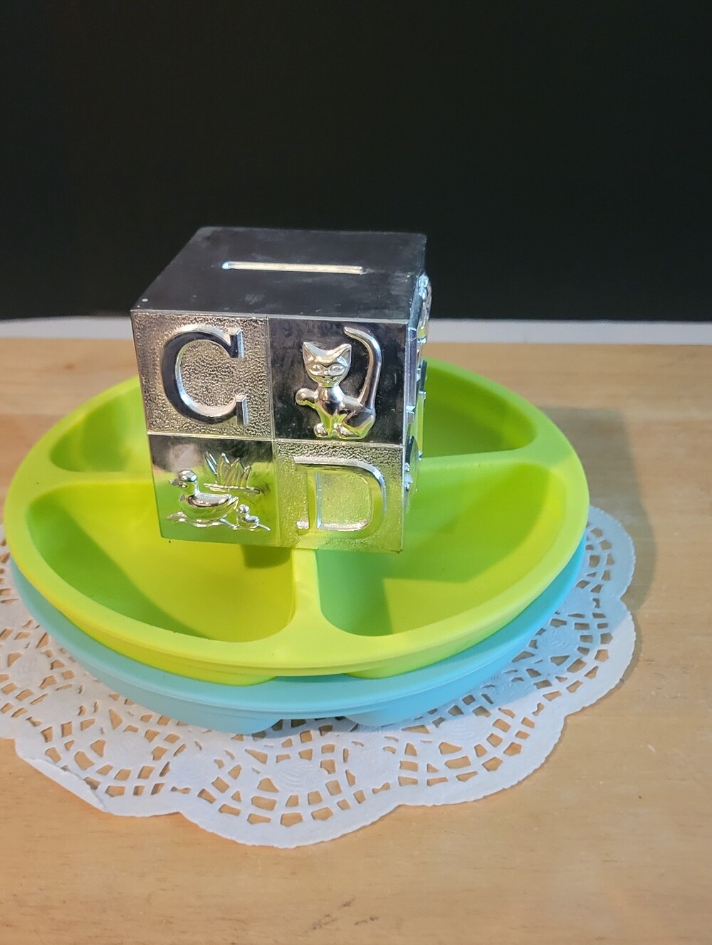 Eclectic Lot Silver Plated Piggy Bank & 2 Silicone Divided Plates